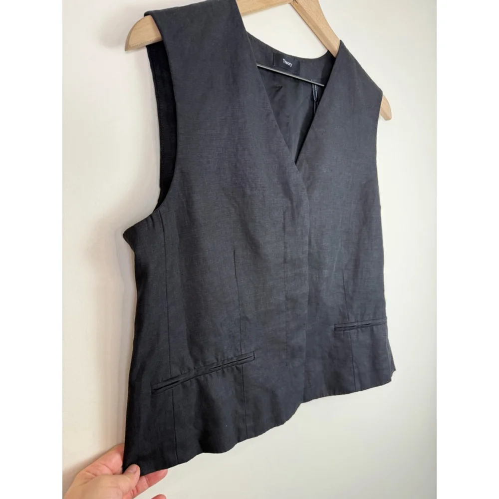Women's NEW Theory Galena 100% Linen Black Button Up Slim Vest Medium